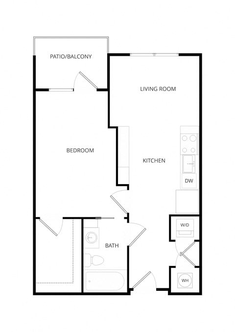 Floor plan for 1 bed, 1 bath, 587 sqft